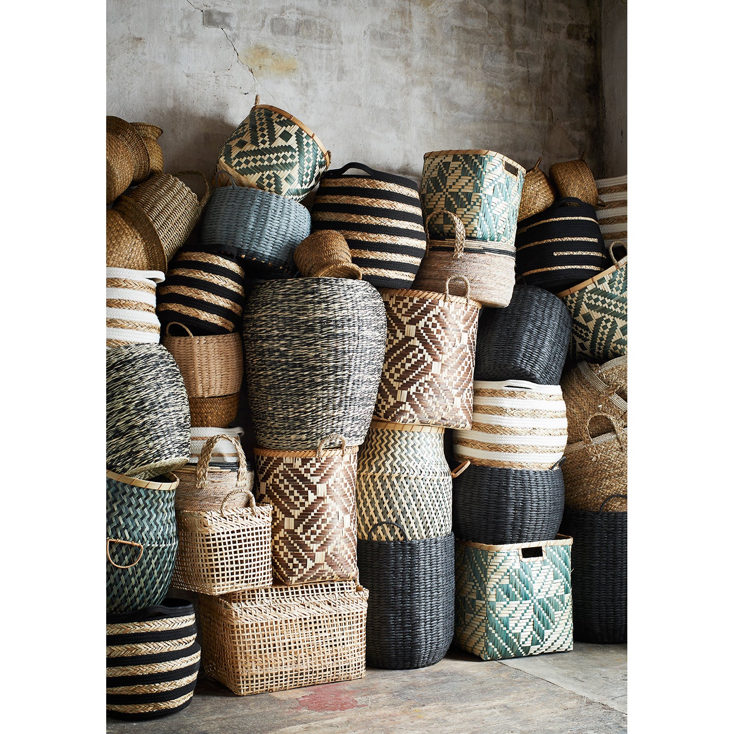Square Woven Ivy & Natural Bamboo Basket, Grey/Green geometric, Decorative Basket