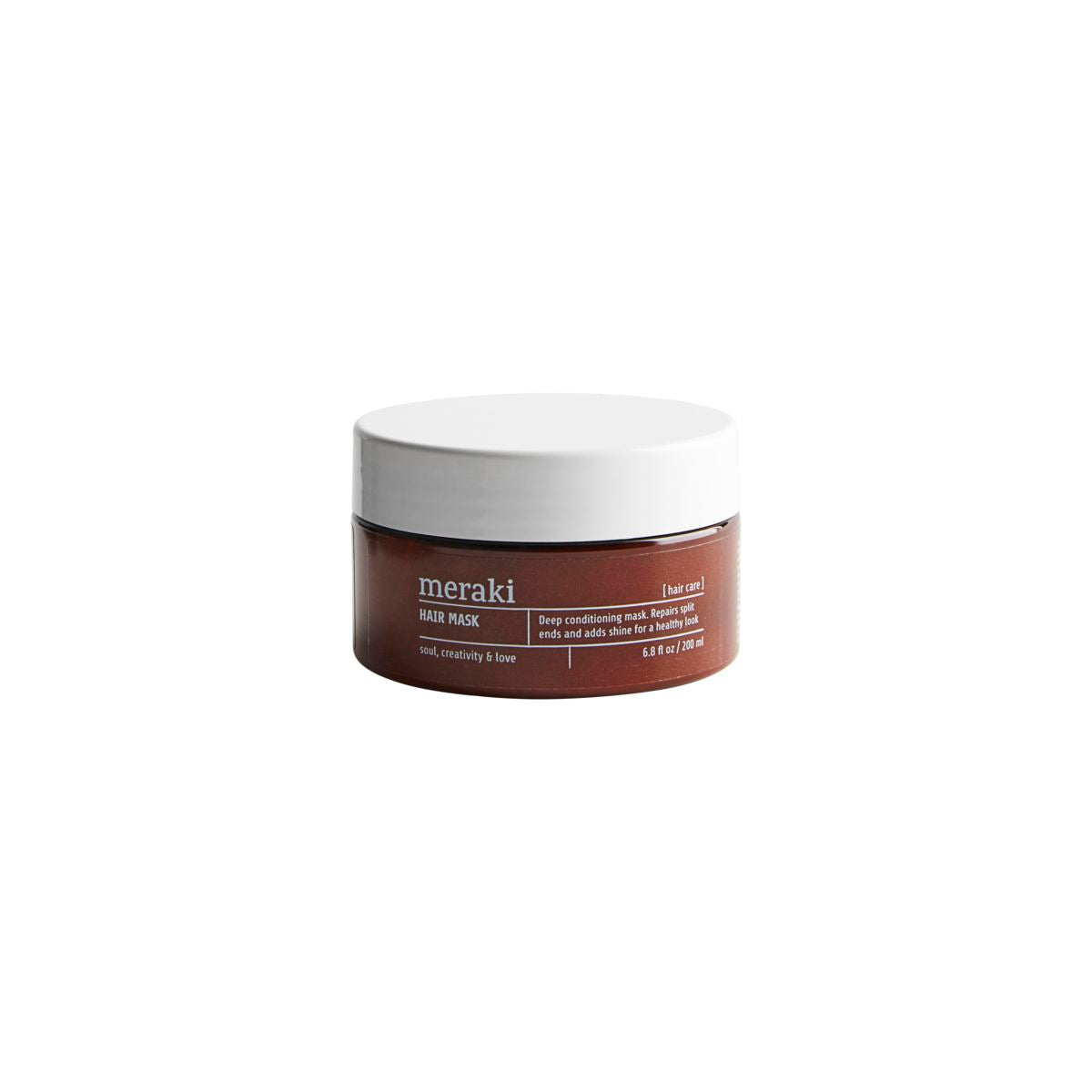 A deep conditioning hair mask in a round tub, brown with a white lid.